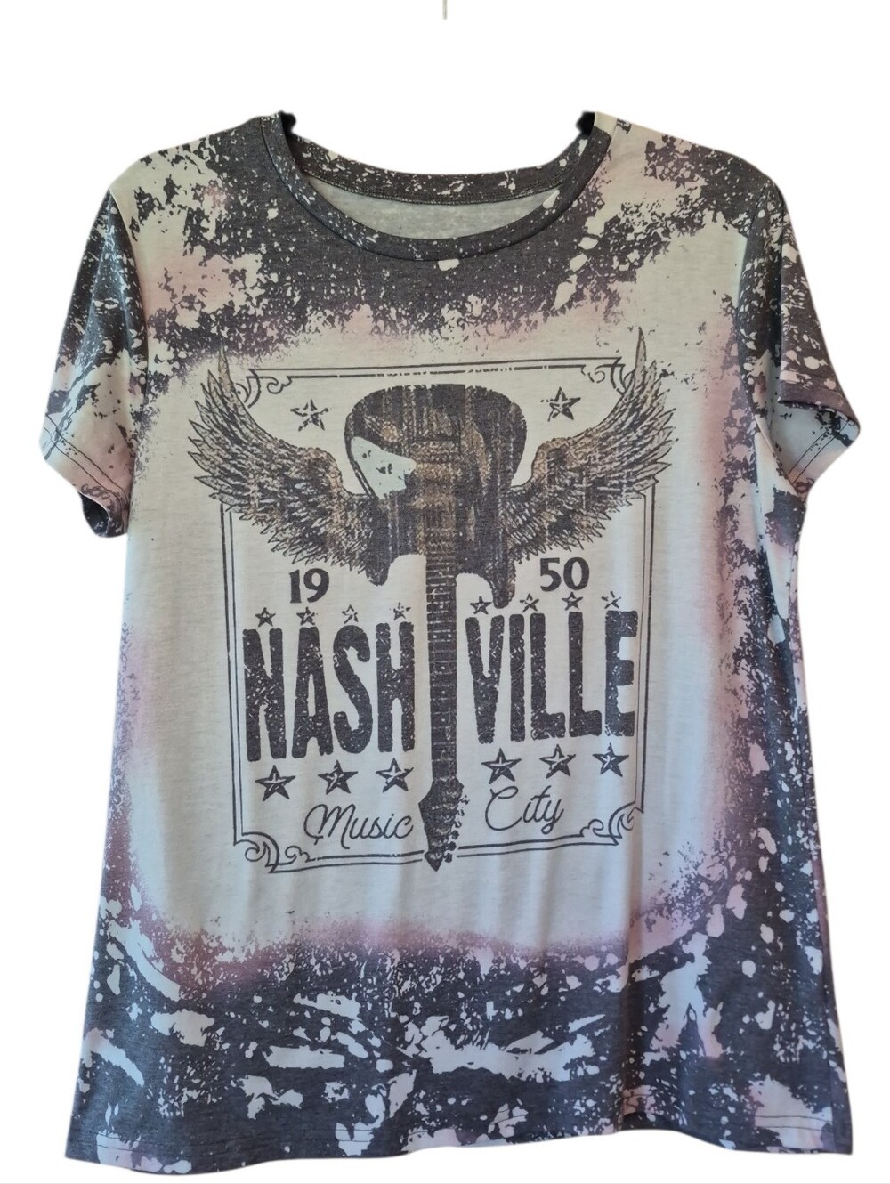 Nashville Music City Graphic Tee, Bleached Acid Wash, Distressed Retro Style M